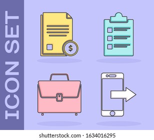 Set Smartphone, mobile phone, Finance document, Briefcase and Clipboard with checklist icon. Vector