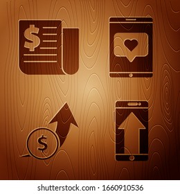 Set Smartphone, mobile phone, Financial news, Financial growth and coin and Mobile phone and like with heart on wooden background. Vector