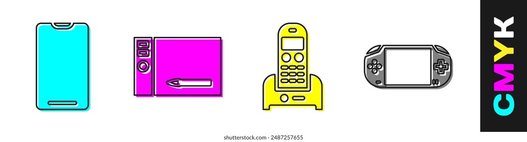 Set Smartphone, mobile phone, Graphic tablet, Telephone and Portable video game console icon. Vector