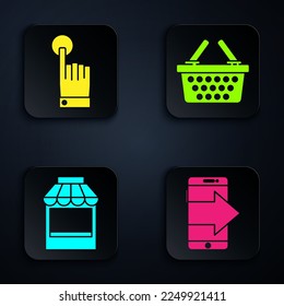 Set Smartphone, mobile phone, Hand touch and tap gesture, Shopping building or market store and Shopping basket. Black square button. Vector