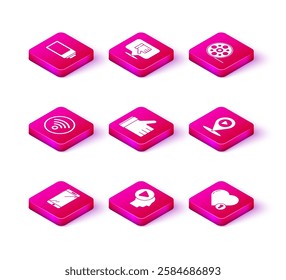 Set Smartphone, mobile phone, Head people with play button, Wi-Fi wireless internet network, Hand like, Like heart, Digital media location, Film reel and Dislike speech bubble icon. Vector