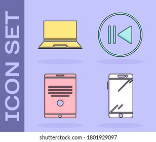 Set Smartphone, Mobile Phone, Laptop, Tablet And Rewind Icon. Vector