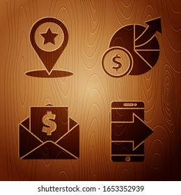 Set Smartphone, Handy, Kartenzeiger mit Stern, Umschlag mit Münze Dollar und Geld und Diagramm Grafik auf Holzhintergrund. Vektorillustration
