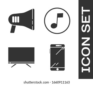 Set Smartphone, mobile phone, Megaphone, Smart Tv and Music note, tone icon. Vector