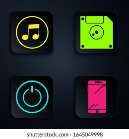 Set Smartphone, mobile phone, Music note, tone, Power button and Floppy disk for computer data storage. Black square button. Vector