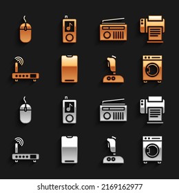 Ajuste Smartphone, teléfono móvil, impresora, Washer, Joystick para máquina de arcade, enrutador y señal wi-fi, radio con antena, ratón de ordenador e icono de reproductor de música. Vector