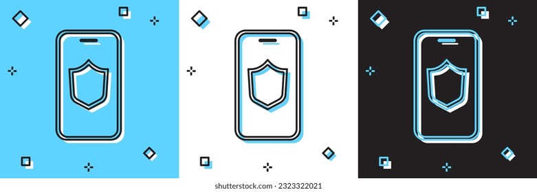 Set Smartphone, mobile phone with security shield icon isolated on blue and white, black background. Security, safety, protection concept.  Vector