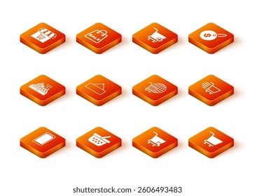 Set Smartphone, mobile phone, Shopping basket, Cash register machine, Signboard hanging, cart with cursor, globe,  and  icon. Vector