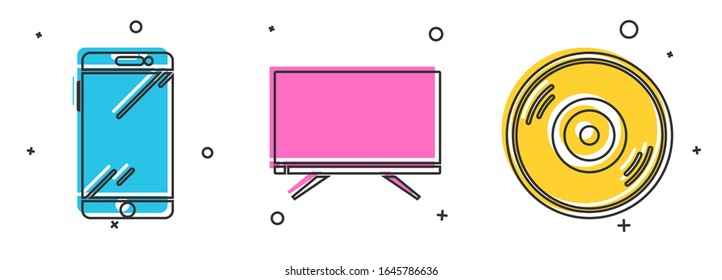 Set Smartphone, mobile phone, Smart Tv and Vinyl disk icon. Vector
