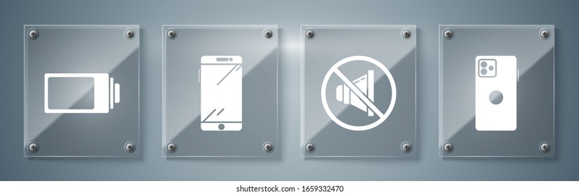 Set Smartphone, mobile phone, Speaker mute, Smartphone, mobile phone and Battery charge level indicator. Square glass panels. Vector