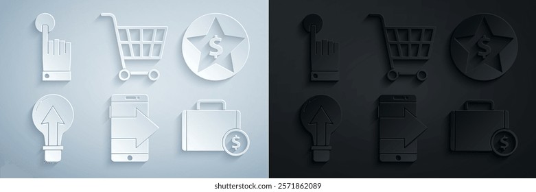 Set Smartphone, mobile phone, Star and dollar, Light bulb, Briefcase money, Shopping cart and Hand touch tap gesture icon. Vector