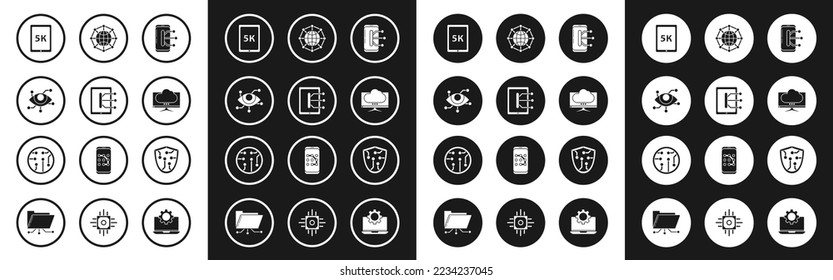 Set Smartphone, mobile phone, Tablet, Virtual reality, with text 5k, Computer monitor screen, Global technology social network, Cyber security and Processor icon. Vector
