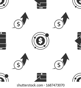 Set Smartphone, mobile phone, Target with dollar symbol and Financial growth and coin on seamless pattern. Vector