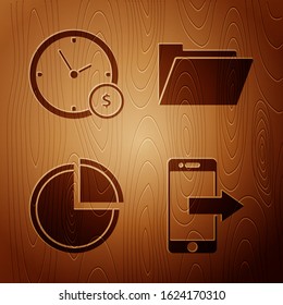 Set Smartphone, mobile phone, Time is money, Pie chart infographic and Document folder on wooden background. Vector