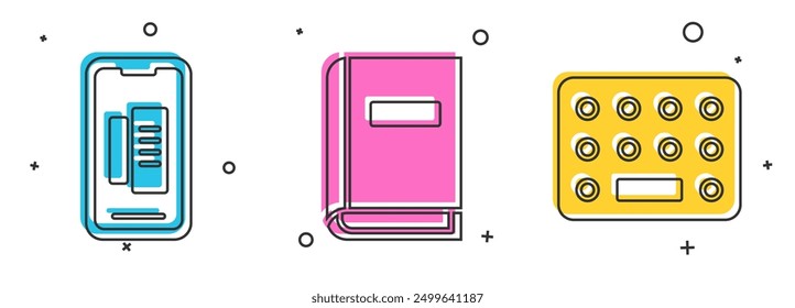 Establecer Smartphone, teléfono móvil, manual del usuario y píldoras en el icono del paquete de la ampolla. Vector