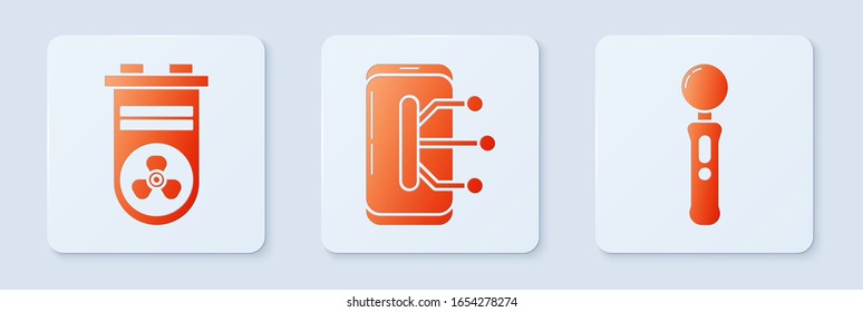 Set Smartphone, mobile phone, Video graphic card and Gamepad. White square button. Vector