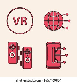 Set Smartphone, mobile phone, Virtual reality, Global technology or social network and Gamepad icon. Vector