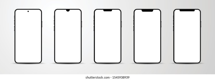 Set of smartphone mockup with blank white screen.  Vector illustration.