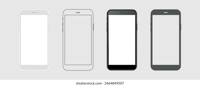 Set smartphone mockup with blank white screen in flat, line and realistic style, detailed mobile phone mockup, black and white models smartphone front view, model 3D mobile phone, ui, ux - vector