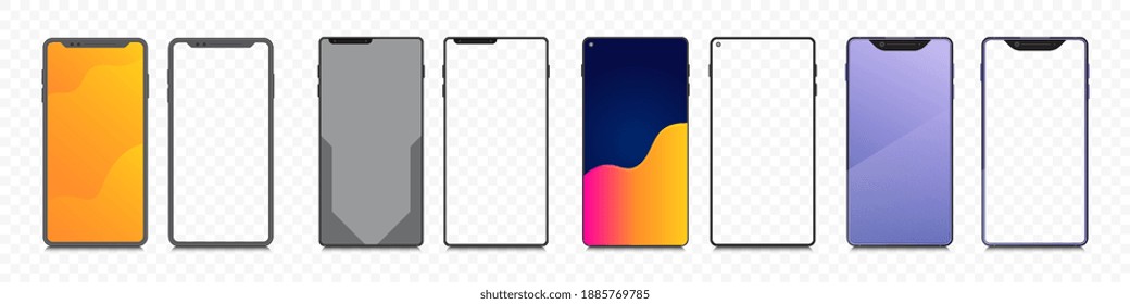 set smartphone mockup. bundle mobile transparent screen. collection frame phone display background.