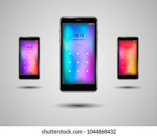 Set of smartphone mockup with a colored screen. Realistic vector illustration.