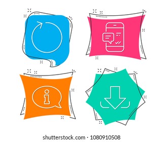 Set of Smartphone notification, Loop and Information icons. Download sign. Chat message, Refresh, Info center. Load file.  Flat geometric colored tags. Vivid banners. Trendy graphic design. Vector