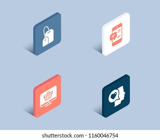 Set of Smartphone notification, Web shop and Tea bag icons. Romantic talk sign. Chat message, Shopping cart, Brew hot drink. Love chat.  3d isometric buttons. Flat design concept. Vector