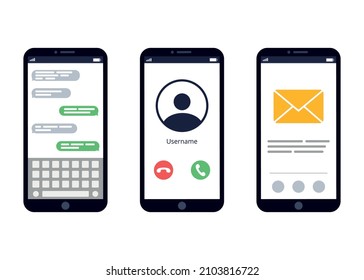 Legen Sie Smartphone auf isoliertem weißem Hintergrund fest. Anrufempfang. Chat im Boten. Eingehender Brief. Vektorgrafik