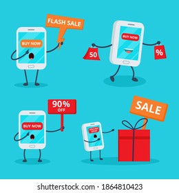 Set Smartphone online shop. Illustration vector graphic cartoon character of cute smartphone. Perfect for Ecommerce,sale, store web element. Illustration E-commerce Shopping Symbols.
