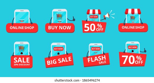 Set Smartphone online shop. Illustration vector graphic cartoon character of cute smartphone. Perfect for Ecommerce,sale, store web element. Illustration E-commerce Shopping Symbols.