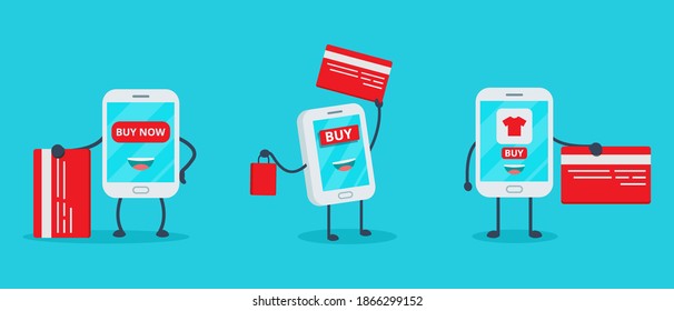 Set Smartphone online shop. Illustration vector graphic cartoon character of cute smartphone. Perfect for Ecommerce,sale, store web element. Illustration E-commerce Shopping Symbols.