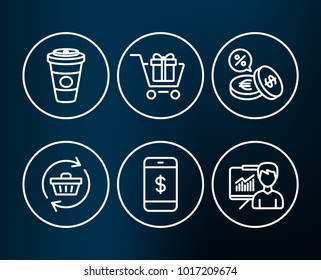 Set of Smartphone payment, Currency exchange and Shopping cart icons. Refresh cart, Takeaway coffee and Presentation signs. Mobile pay, Euro and usd, Gift box. Vector