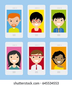 Set of smartphone with photo of smiling boys and girls