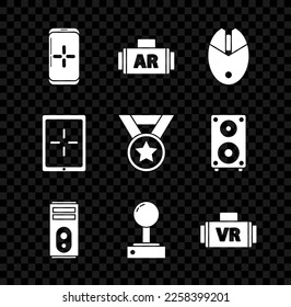 Set Smartphone and playing in game, Ar, augmented reality, Computer mouse gaming, Joystick for arcade machine, Virtual glasses, Tablet and Medal icon. Vector