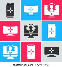 Set Smartphone and playing in game, Computer monitor and Create account screen icon. Vector