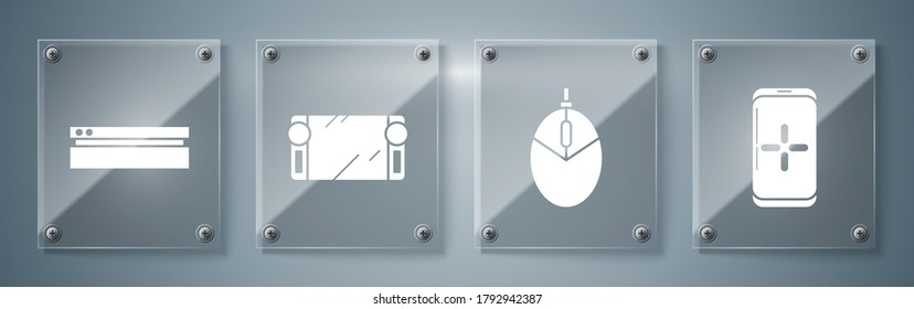 Set Smartphone and playing in game, Computer mouse gaming, Portable video game console and Video game console. Square glass panels. Vector