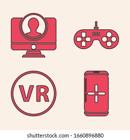 Set Smartphone and playing in game, Create account screen, Gamepad and Virtual reality glasses icon. Vector