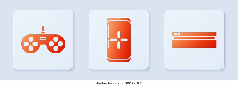 Set Smartphone and playing in game, Gamepad and Video game console. White square button. Vector