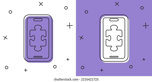 Legen Sie Smartphone und spielen Sie im Spiel Symbol einzeln auf weißem und violettem Hintergrund. Mobile Gaming Konzept.  Vektorgrafik