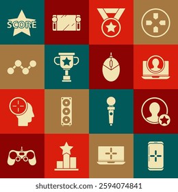 Set Smartphone and playing in game, Premium create account screen, Create, Medal, Award cup, Share, Star and Computer mouse gaming icon. Vector
