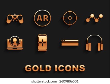 Set Smartphone and playing in game, Share, Headphones, Video console, Create account screen, Target sport, Gamepad and Ar, augmented reality icon. Vector