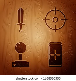 Ajuste Smartphone y juego, Espada para juego, Joystick para máquinas de máquinas recreativas y Deporte Target sobre fondo de madera. Vector
