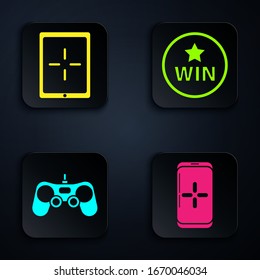 Set Smartphone and playing in game, Tablet, Gamepad and Medal. Black square button. Vector