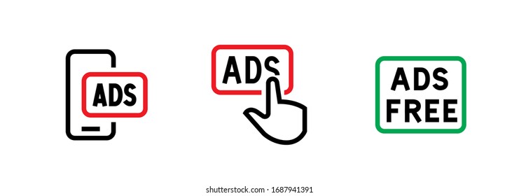 Set of smartphone, prohibition button blocking ads and ads free icons. Editable line vector. Modern phone, palm of a mans hand, red and green sign. Group pictogram.