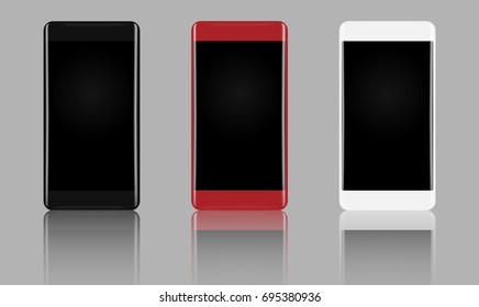 Set of smartphone with reflected shadow, Black, Red and white color