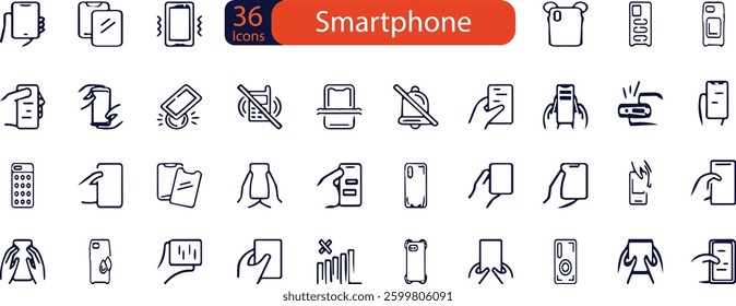 Set of smartphone related line icons. Device, message, phone, call, app, screen and more . Editable stroke