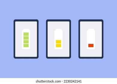Conjunto de pantalla Smartphone con indicador de nivel de carga de batería completo y bajo. Ilustración de diseño de vectores de dibujos animados planos aislados en segundo plano.