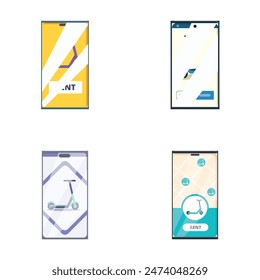 Set of smartphone screens with escooter and bike rental app design, showcasing navigation and payment