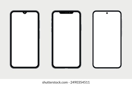 Conjunto de pantallas de smartphone, Plantilla, vista frontal, marco, negro, minimalismo, maqueta, aislado, Ilustración vectorial
