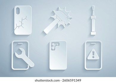 Set Smartphone, Screwdriver, Mobile service, with exclamation mark, Hammer and broken screen icon. Vector